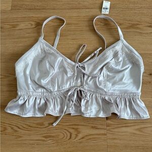 Aerie cream silky lace detail tie front bralette with ruffle trim NWT